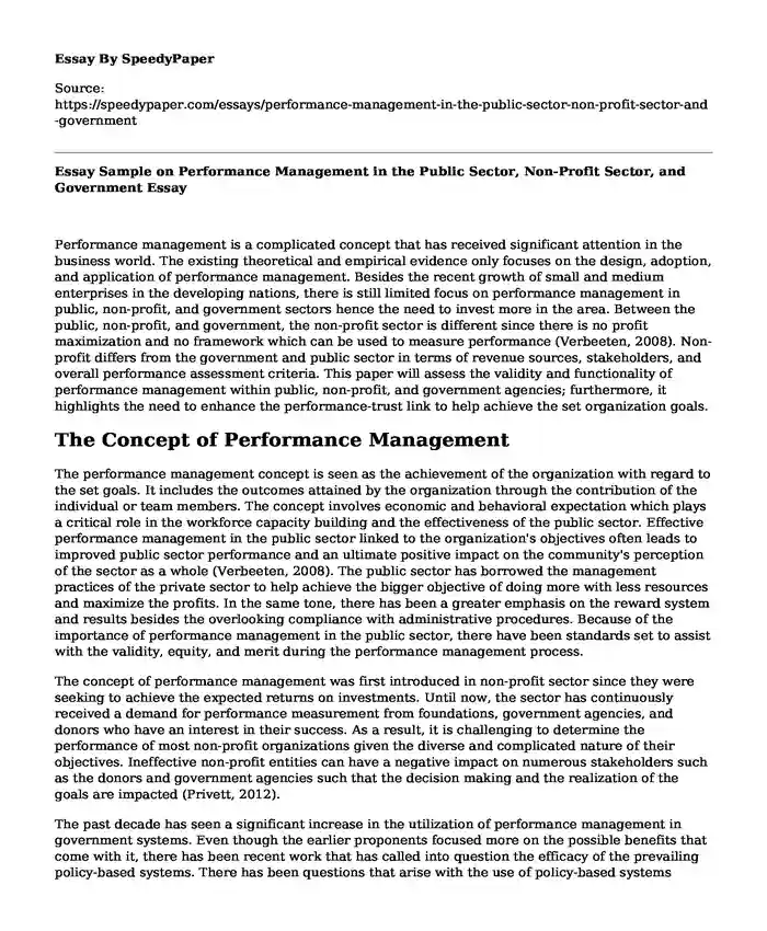 Essay Sample on Performance Management in the Public Sector, Non-Profit Sector, and Government