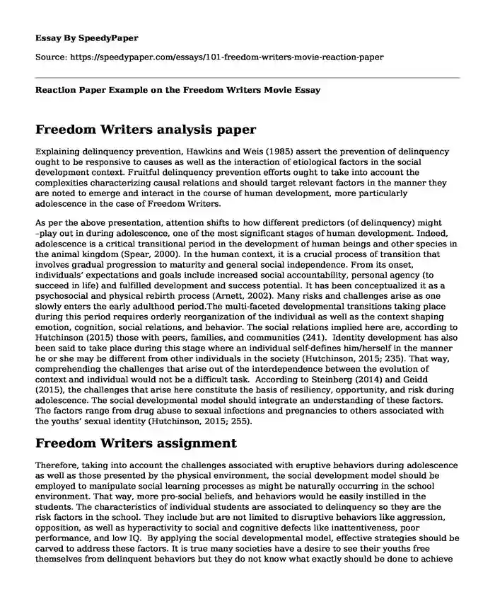 Reaction Paper Example on the Freedom Writers Movie