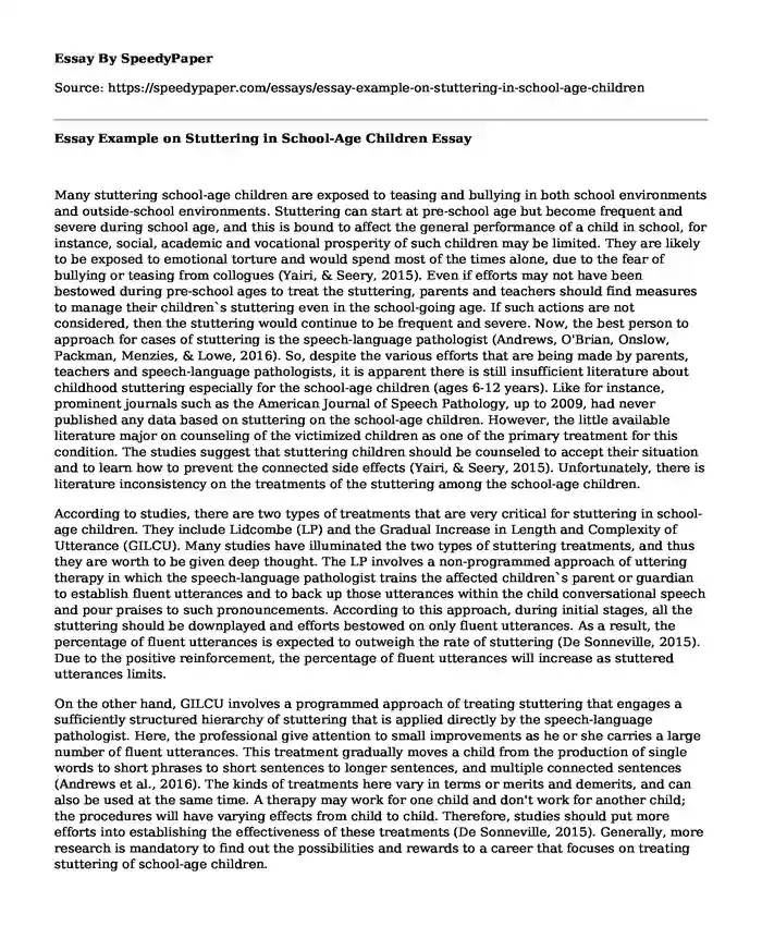 Essay Example on Stuttering in School-Age Children