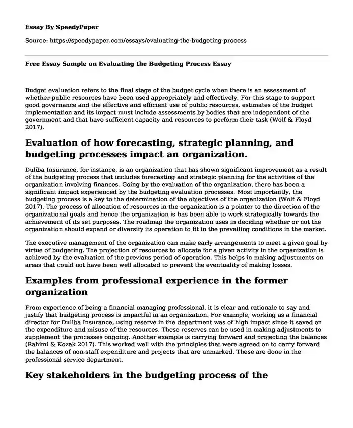 Free Essay Sample on Evaluating the Budgeting Process
