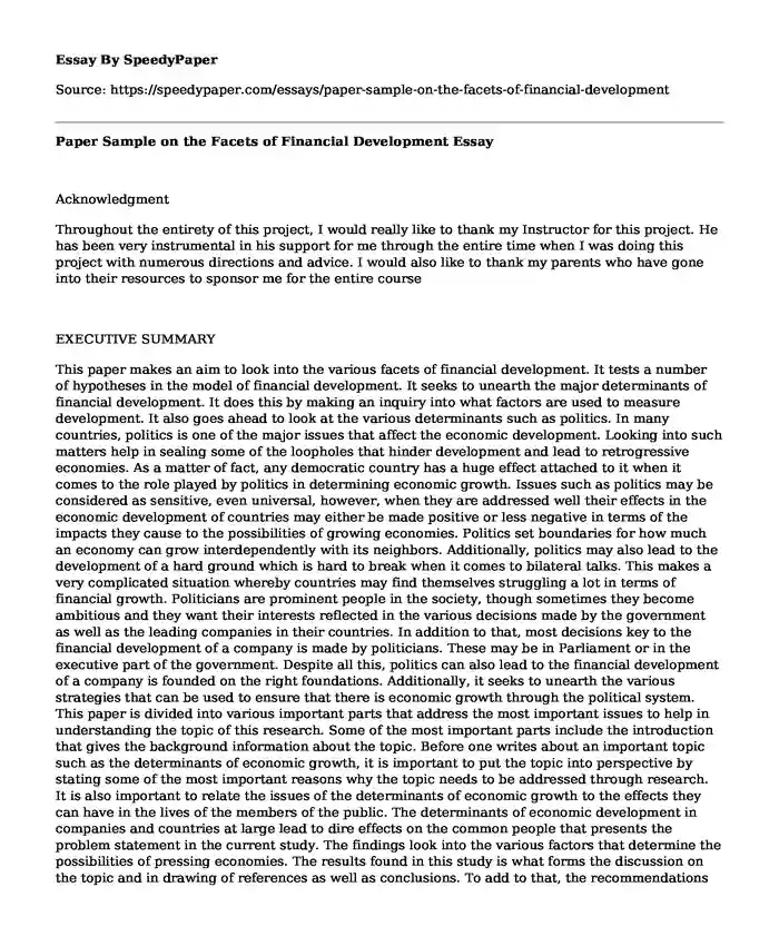 Paper Sample on the Facets of Financial Development