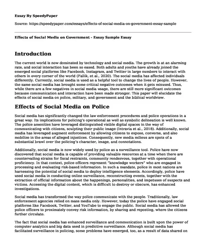 Effects of Social Media on Government - Essay Sample