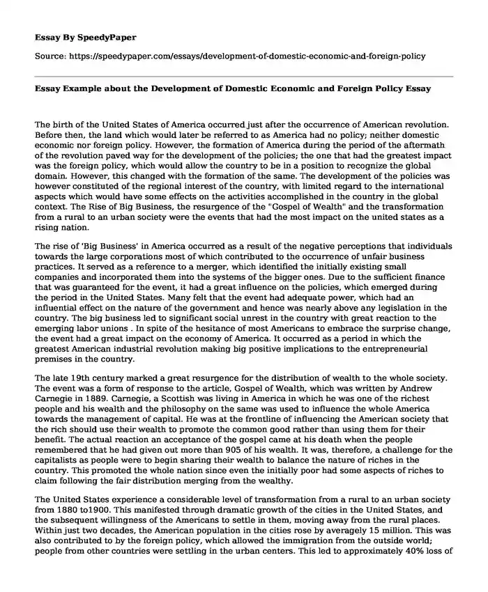 Essay Example about the Development of Domestic Economic and Foreign Policy
