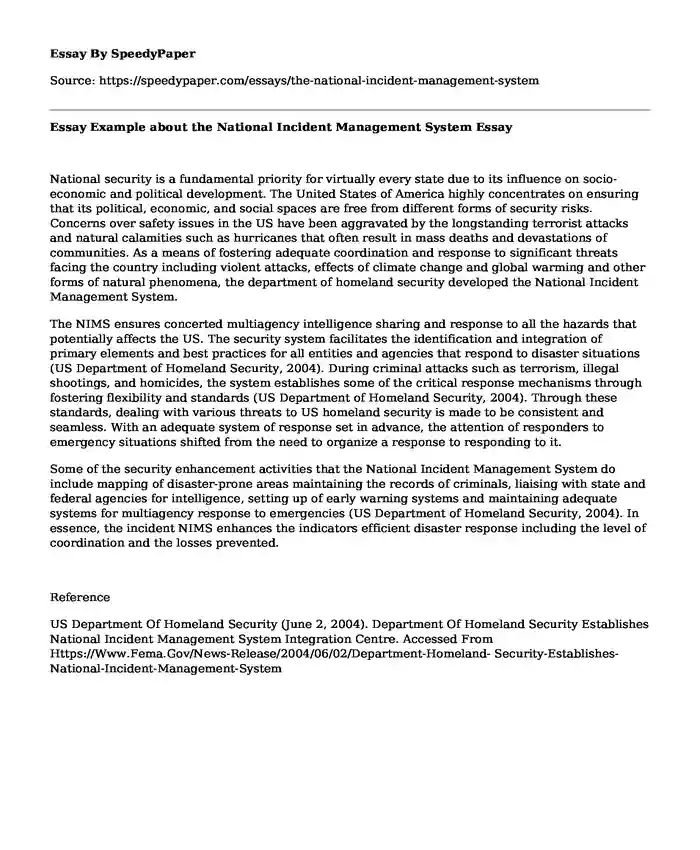 Essay Example about the National Incident Management System