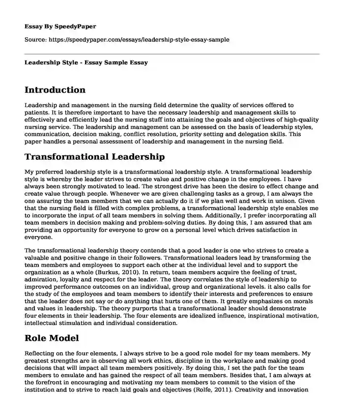 Leadership Style - Essay Sample
