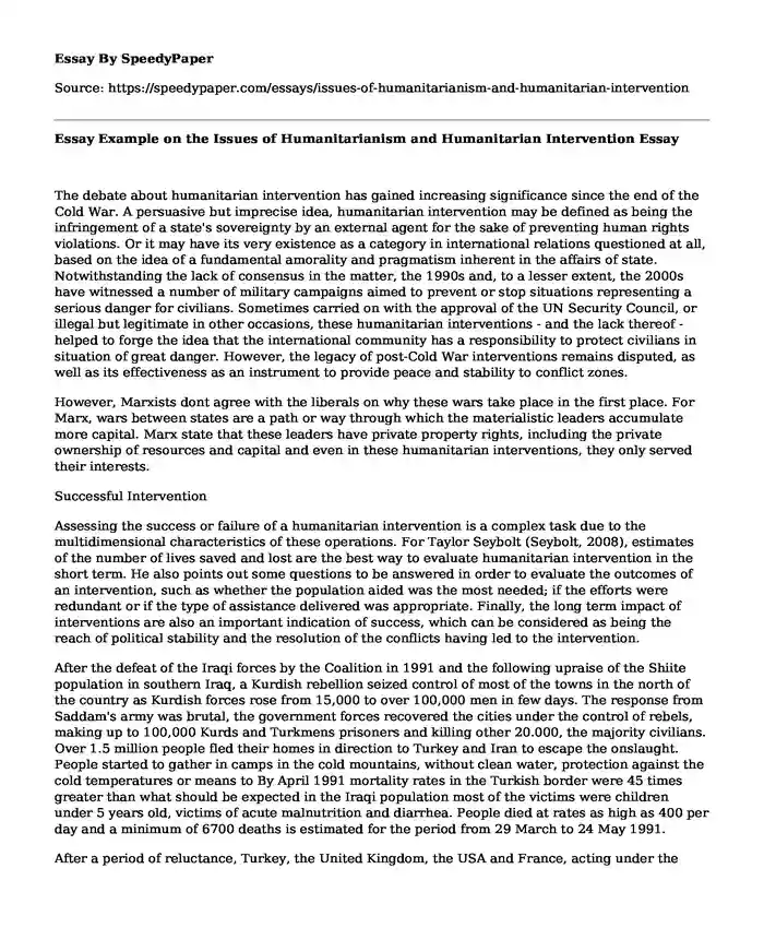 Essay Example on the Issues of Humanitarianism and Humanitarian Intervention