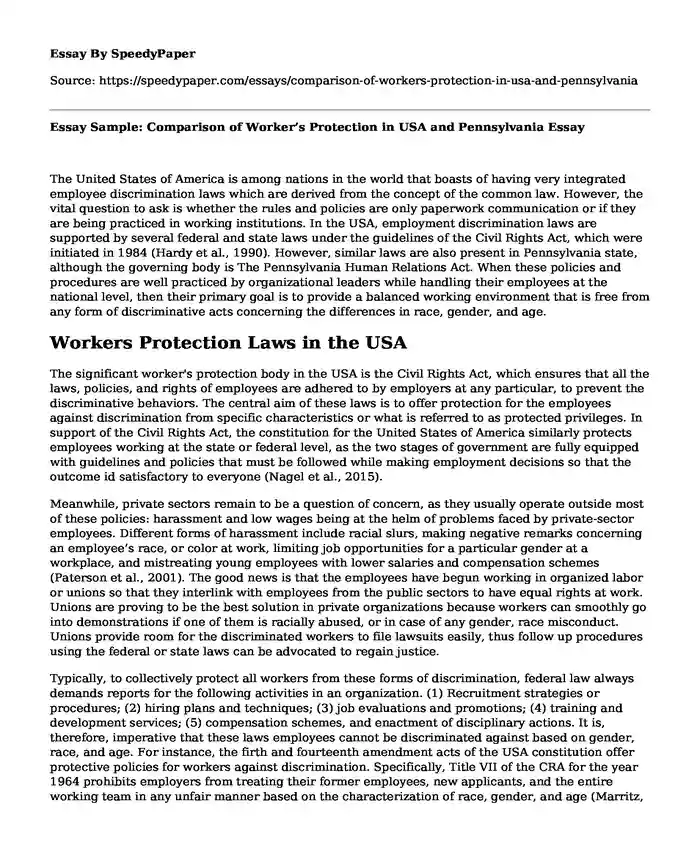 Essay Sample: Comparison of Worker's Protection in USA and Pennsylvania