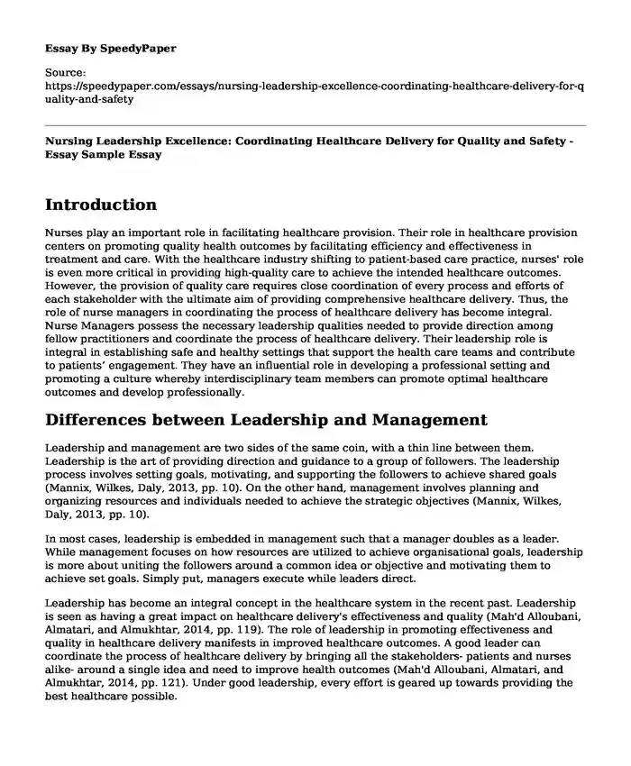 Nursing Leadership Excellence: Coordinating Healthcare Delivery for Quality and Safety - Essay Sample