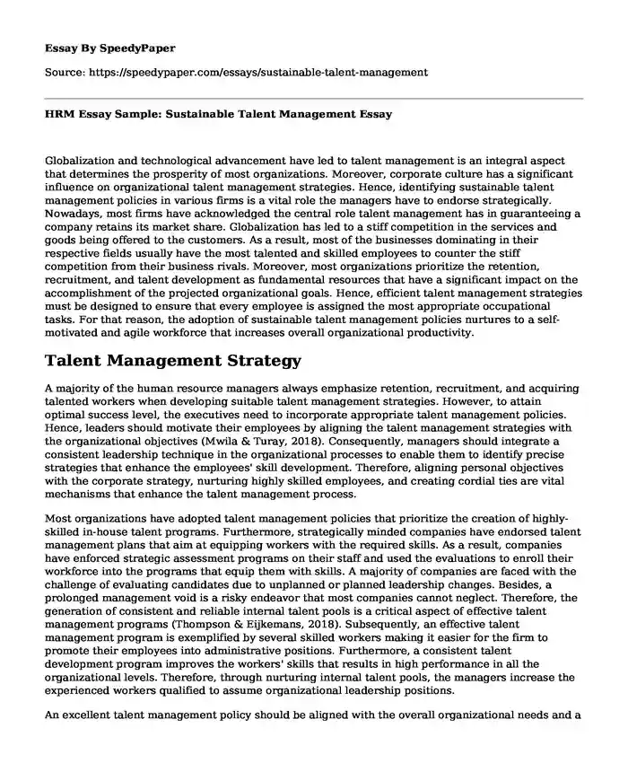 HRM Essay Sample: Sustainable Talent Management