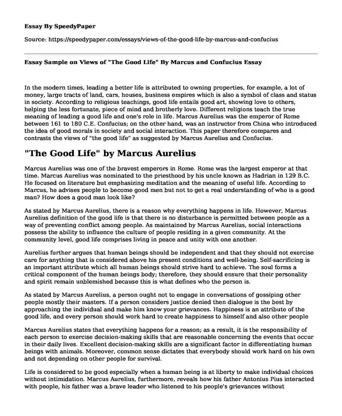 Essay Sample on Views of "The Good Life" By Marcus and Confucius