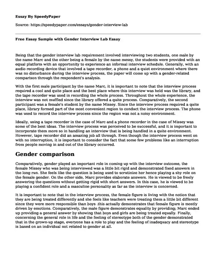 Free Essay Sample with Gender Interview Lab