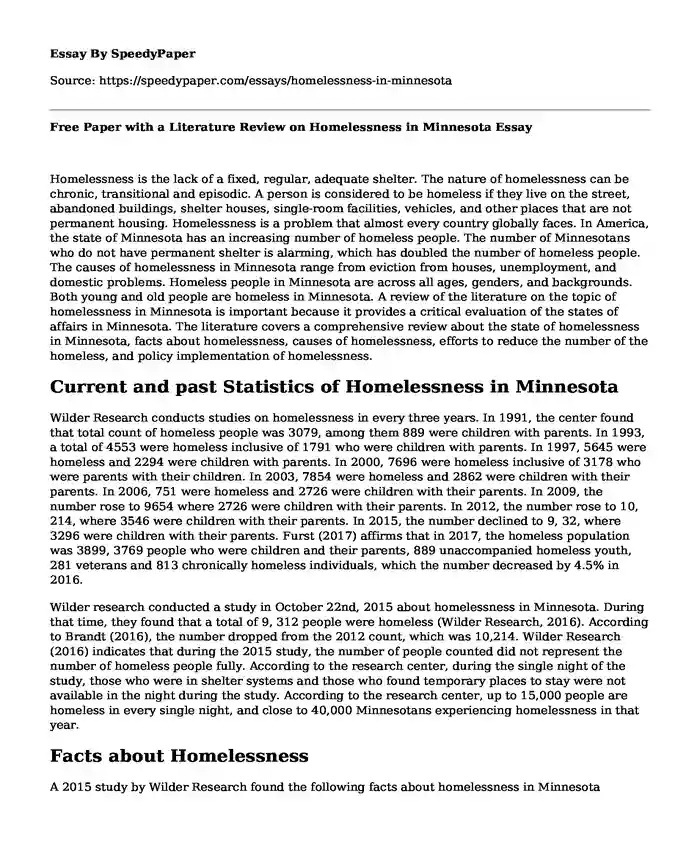 Free Paper with a Literature Review on Homelessness in Minnesota
