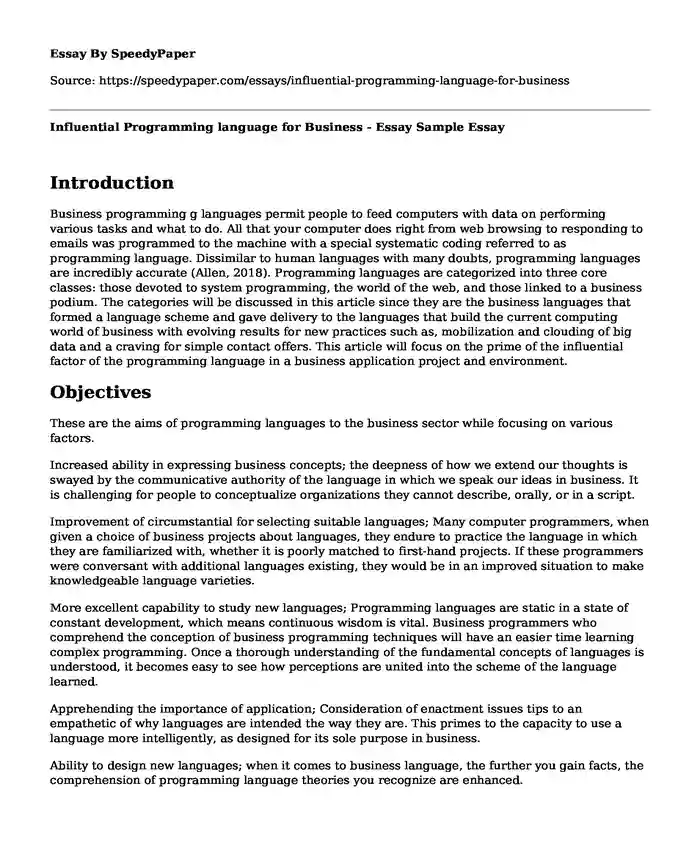Influential Programming language for Business - Essay Sample