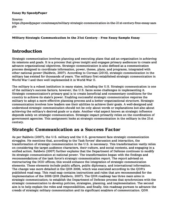Military Strategic Communication in the 21st Century - Free Essay Sample
