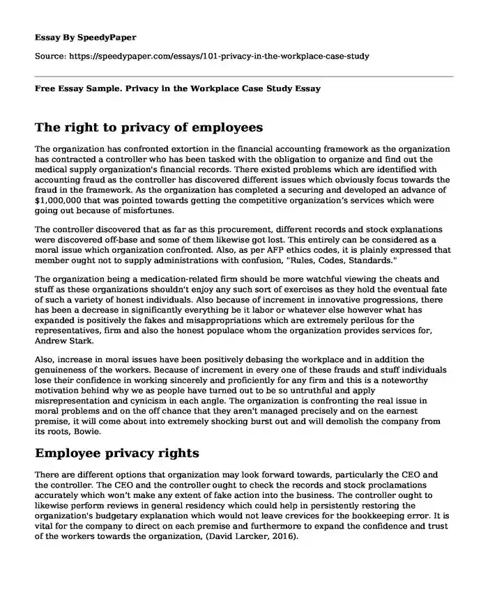Free Essay Sample. Privacy in the Workplace Case Study