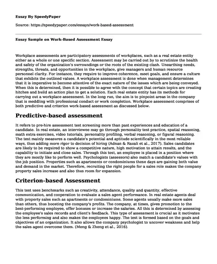 Essay Sample on Work-Based Assessment