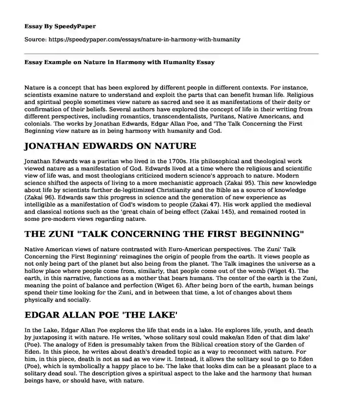 Essay Example on Nature in Harmony with Humanity