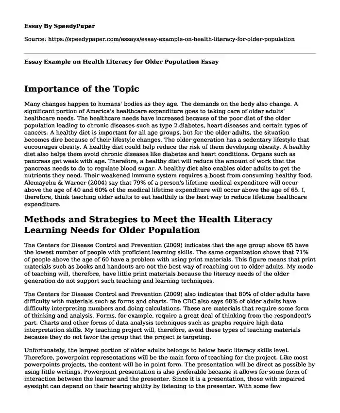 Essay Example on Health Literacy for Older Population