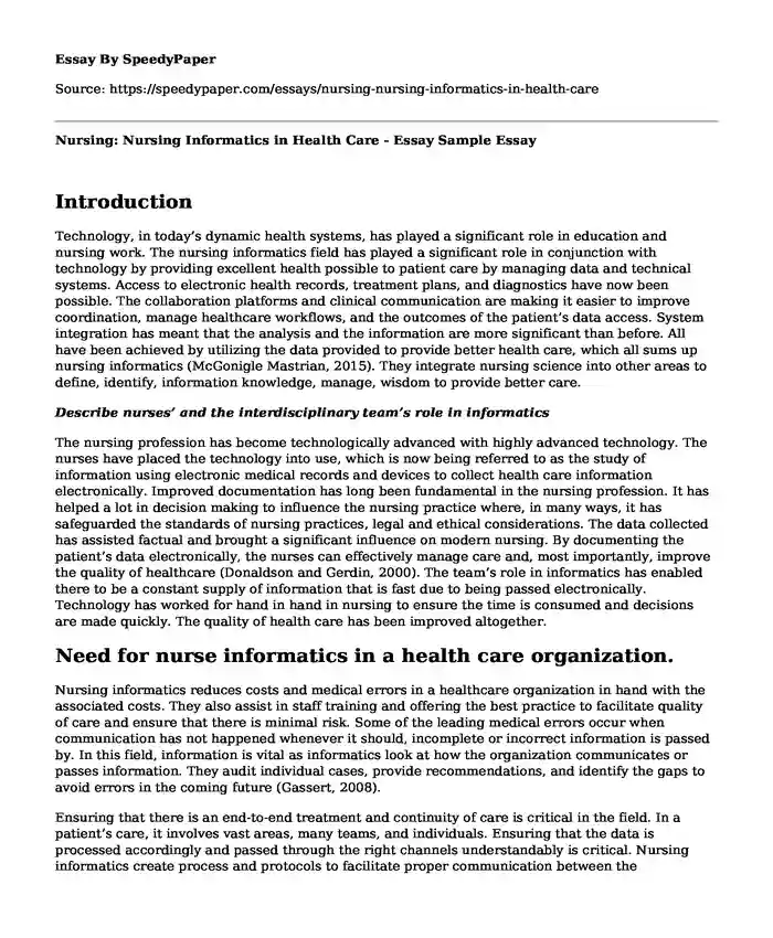 Nursing: Nursing Informatics in Health Care - Essay Sample