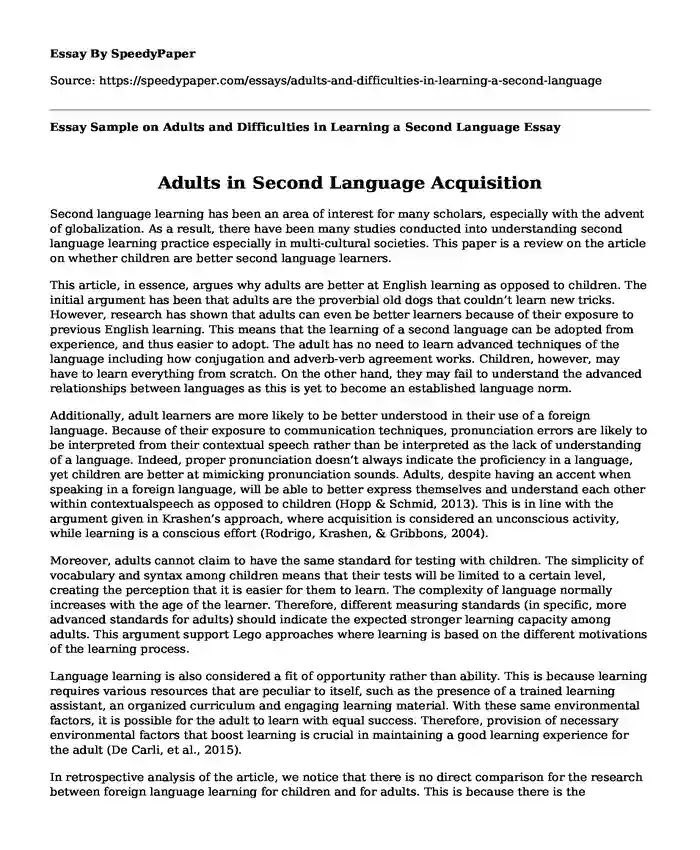 Essay Sample on Adults and Difficulties in Learning a Second Language