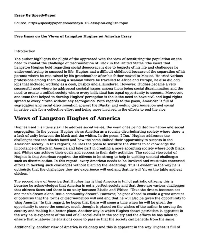 Free Essay on the Views of Langston Hughes on America  