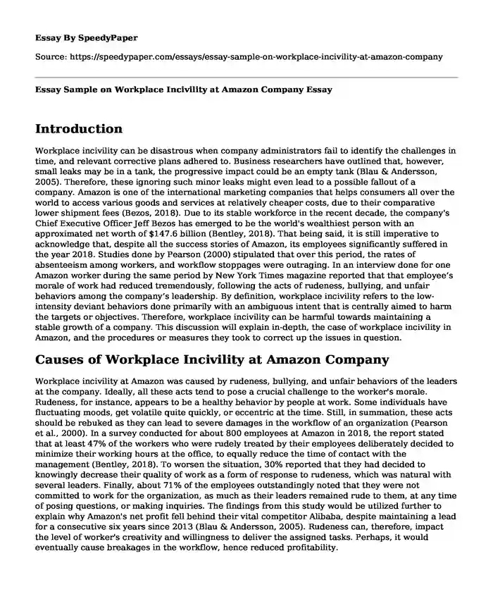 Essay Sample on Workplace Incivility at Amazon Company