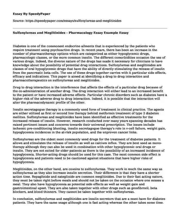 Sulfonylureas and Meglitinides - Pharmacology Essay Example