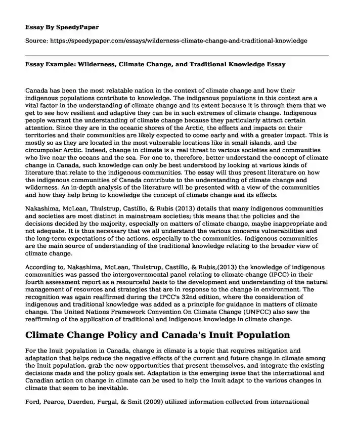 Essay Example: Wilderness, Climate Change, and Traditional Knowledge