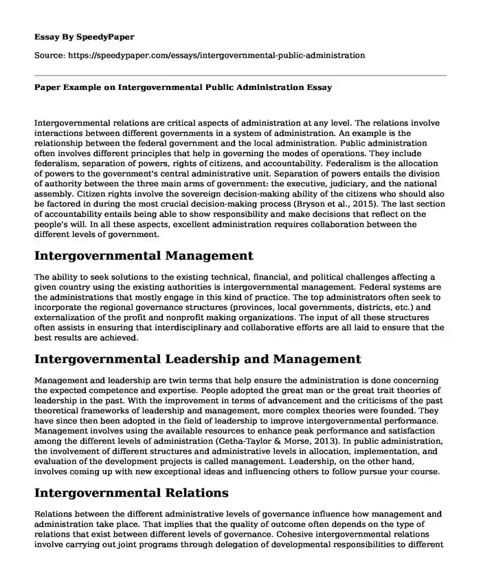 Paper Example on Intergovernmental Public Administration