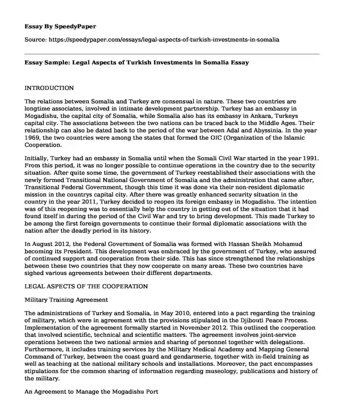 Essay Sample: Legal Aspects of Turkish Investments in Somalia