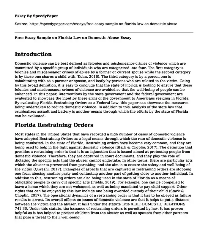 Free Essay Sample on Florida Law on Domestic Abuse