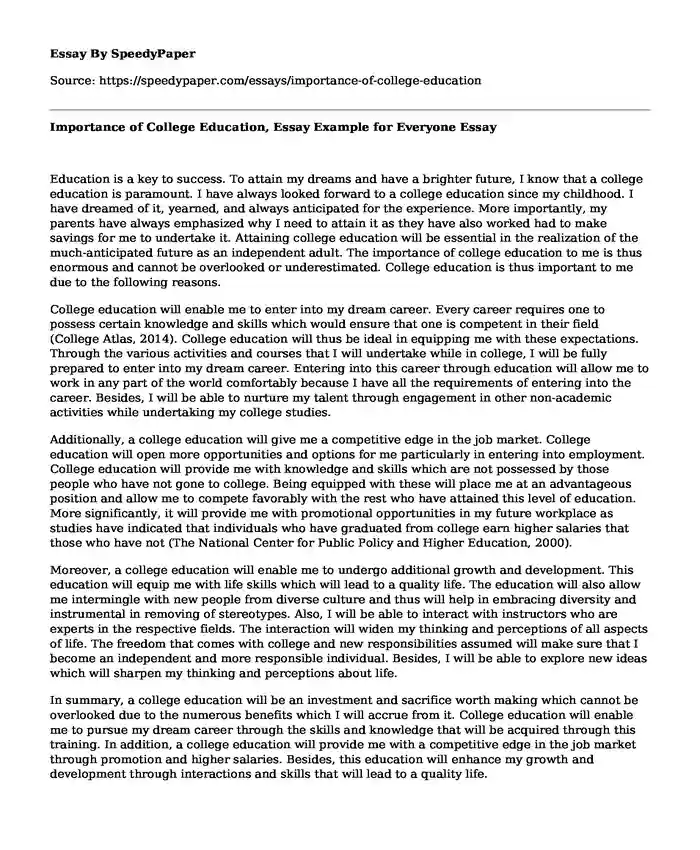 Importance of College Education, Essay Example for Everyone