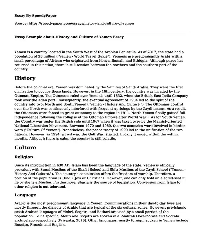 Essay Example about History and Culture of Yemen