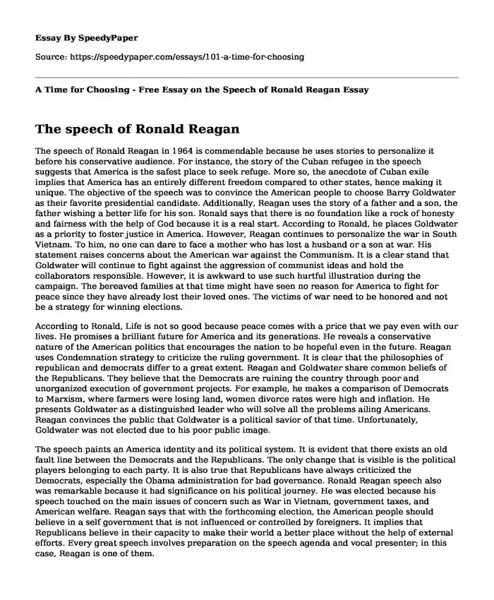 A Time for Choosing - Free Essay on the Speech of Ronald Reagan