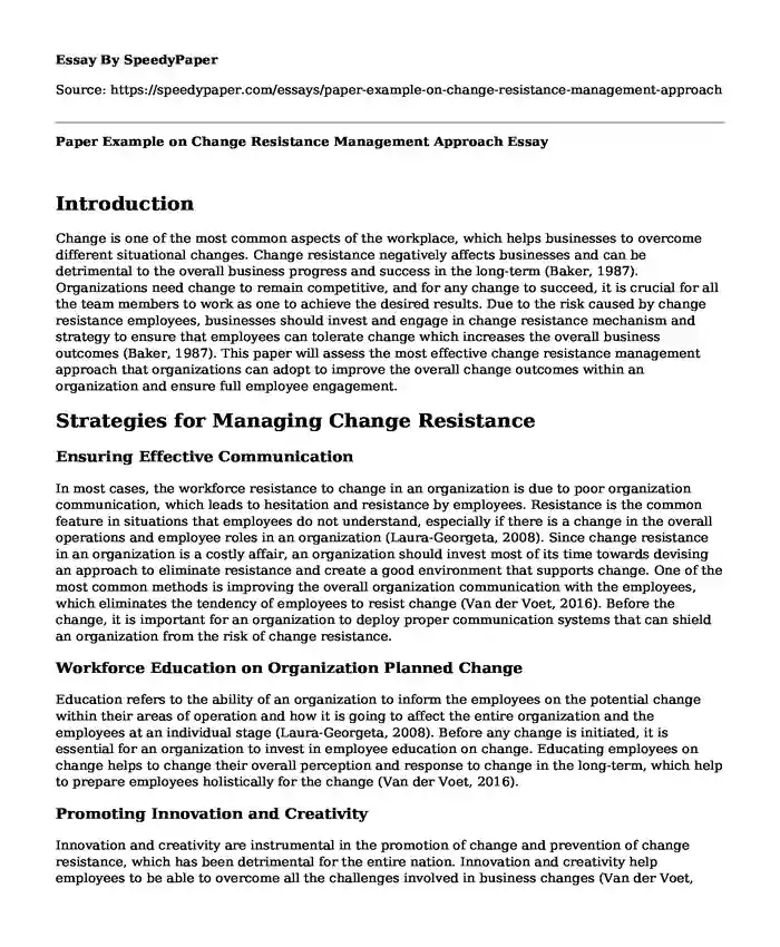 Paper Example on Change Resistance Management Approach