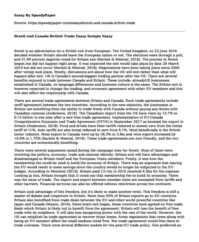 Brexit and Canada-British Trade Essay Sample