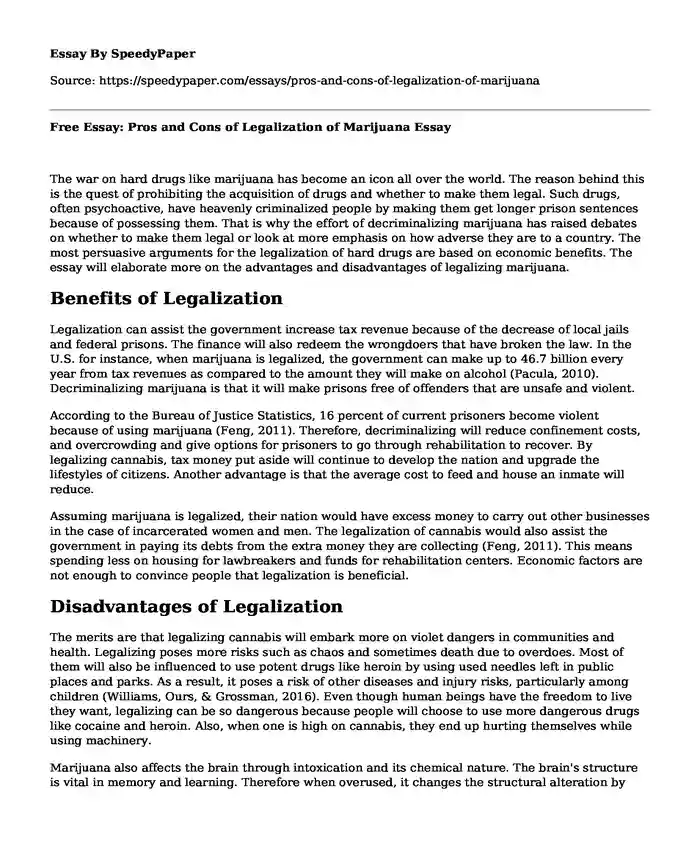 Free Essay: Pros and Cons of Legalization of Marijuana