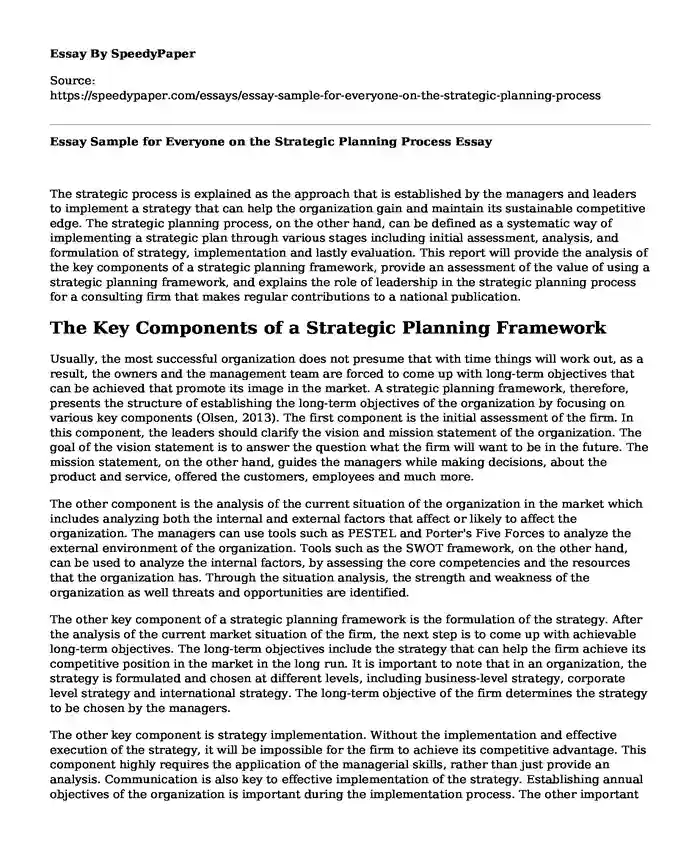 Essay Sample for Everyone on the Strategic Planning Process
