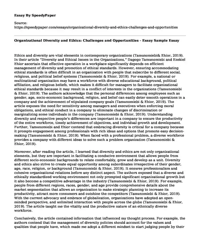 Organizational Diversity and Ethics: Challenges and Opportunities - Essay Sample