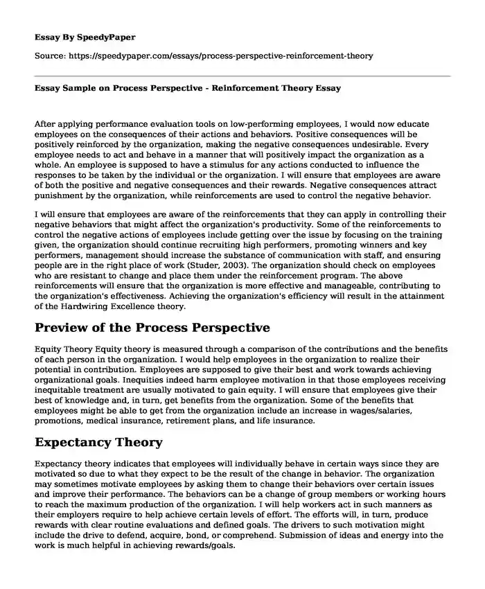 Essay Sample on Process Perspective - Reinforcement Theory