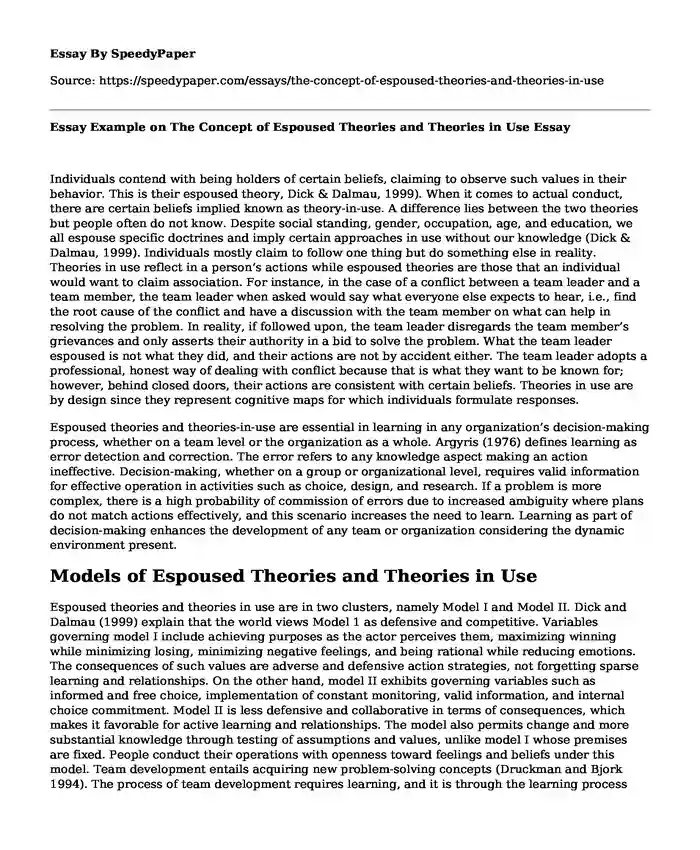 Essay Example on The Concept of Espoused Theories and Theories in Use