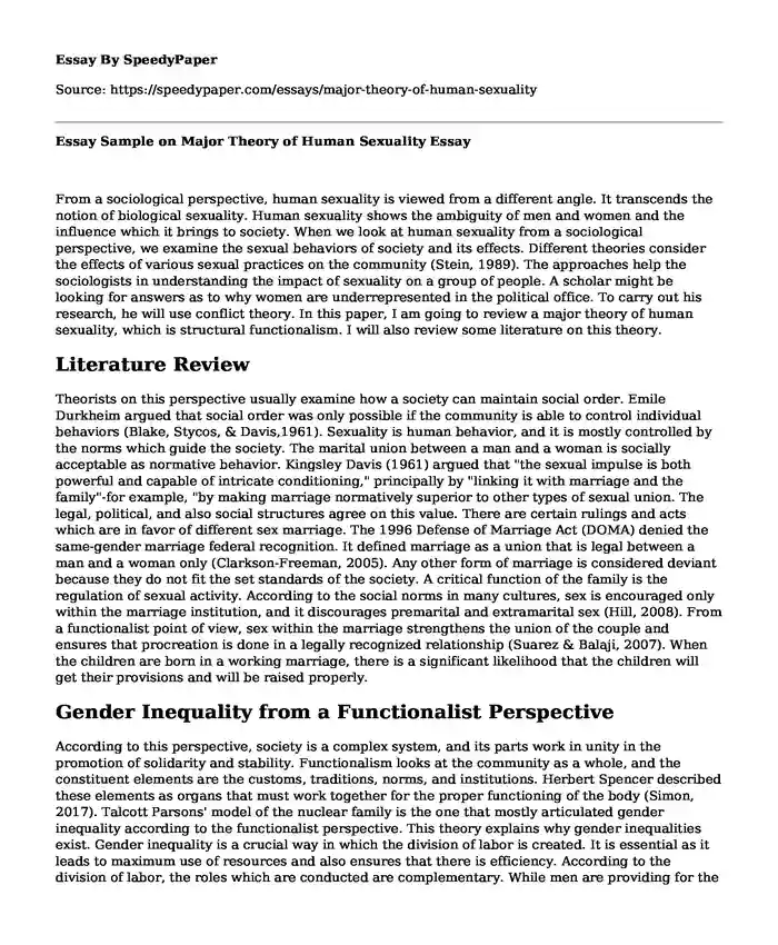Essay Sample on Major Theory of Human Sexuality