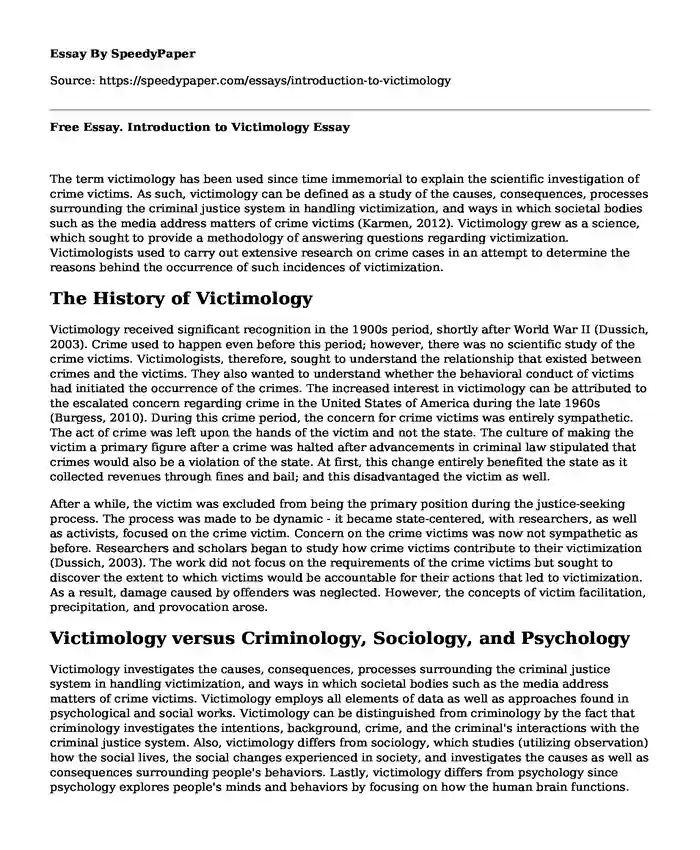 Free Essay. Introduction to Victimology