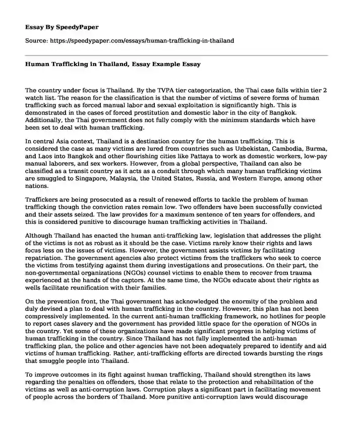 Human Trafficking in Thailand, Essay Example