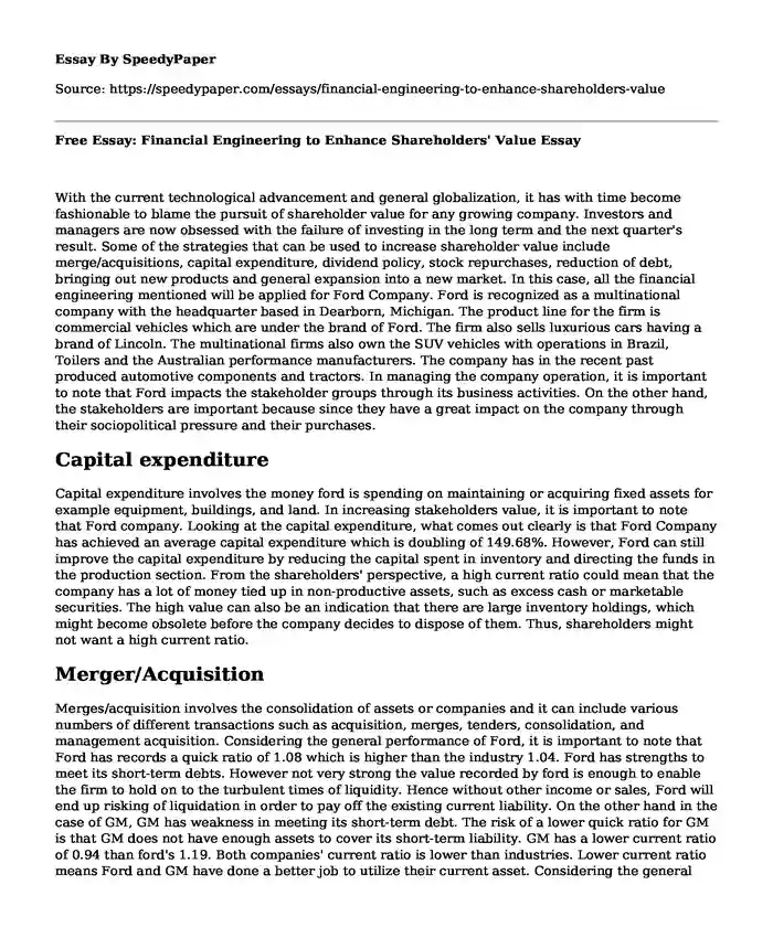 Free Essay: Financial Engineering to Enhance Shareholders' Value