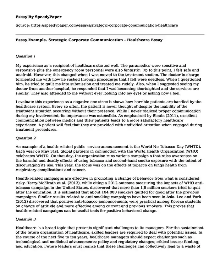 Essay Example. Strategic Corporate Communication - Healthcare