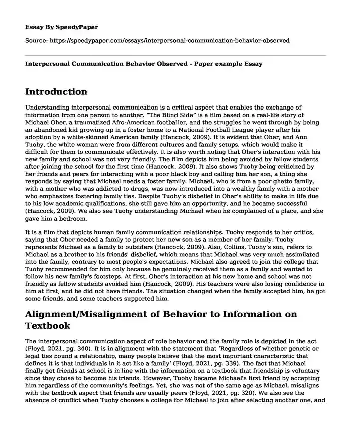 Interpersonal Communication Behavior Observed - Paper example