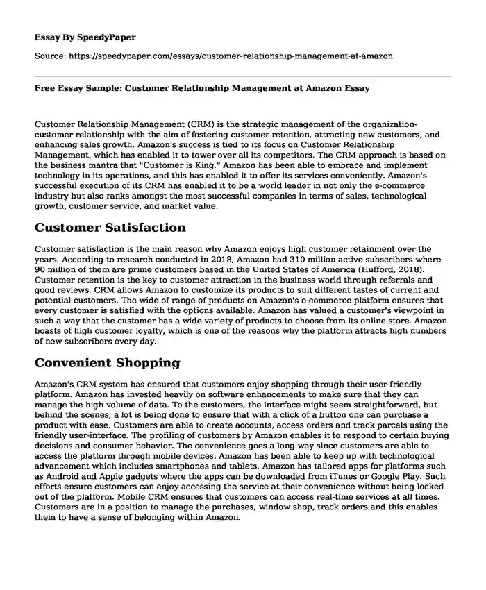 Free Essay Sample: Customer Relationship Management at Amazon