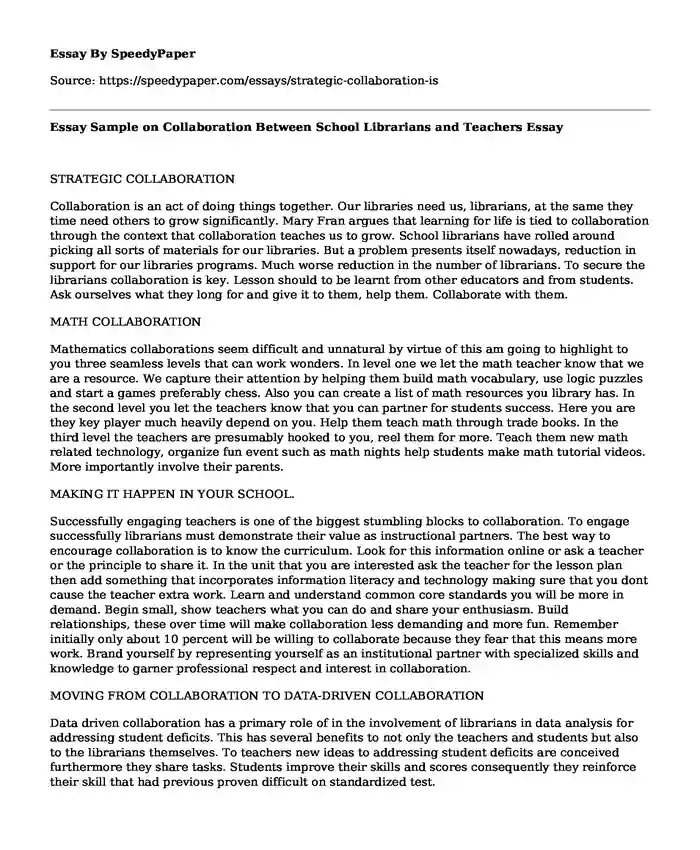 Essay Sample on Collaboration Between School Librarians and Teachers