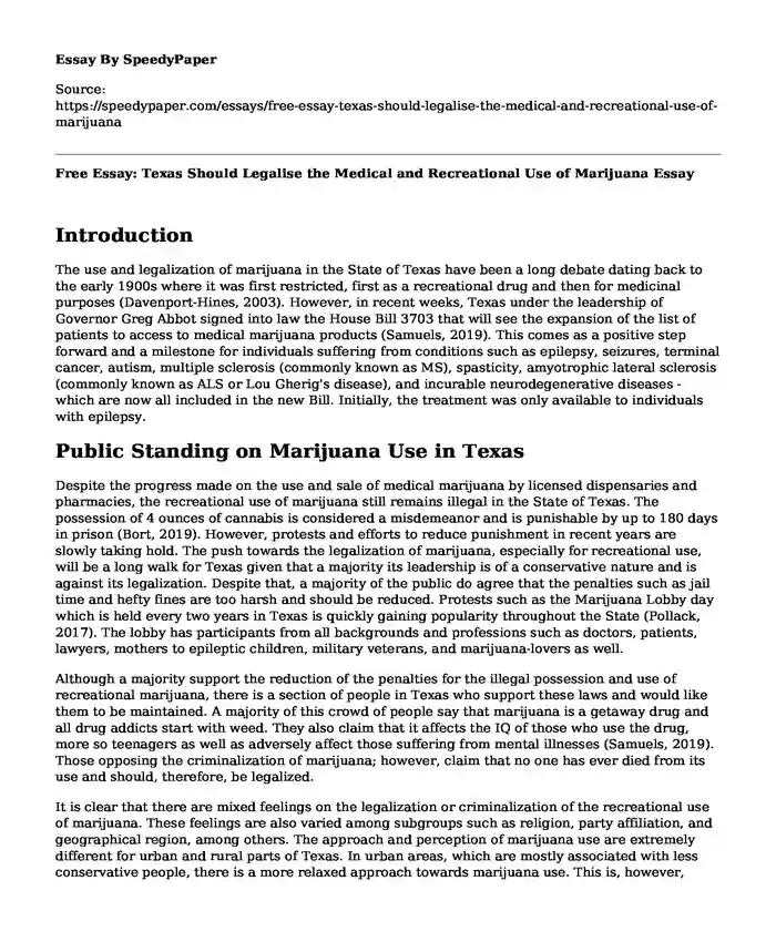 Free Essay: Texas Should Legalise the Medical and Recreational Use of Marijuana